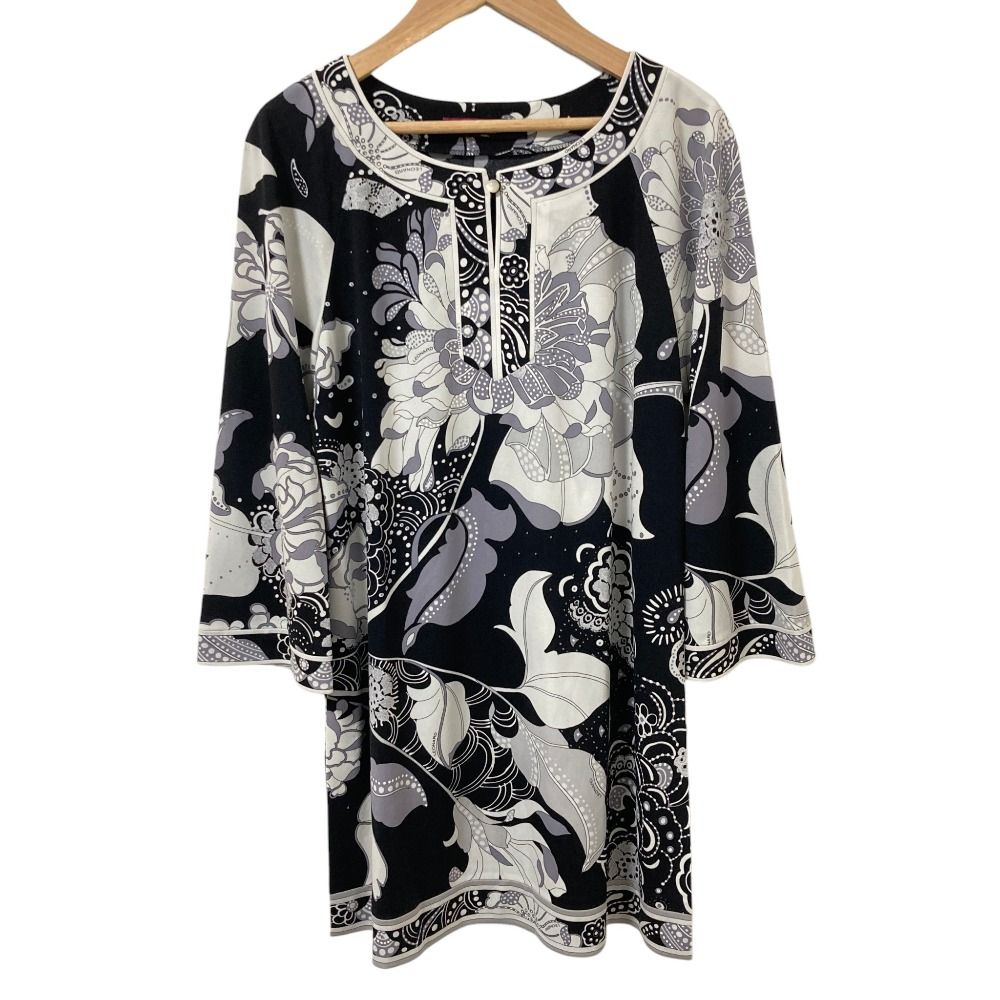 美品 LEONARD FASHION レオナールファッション フラワープリント カンカンストレッチ ブラウス チュニック サイズM ブラック ホワイト レディース 古着 中古 USED