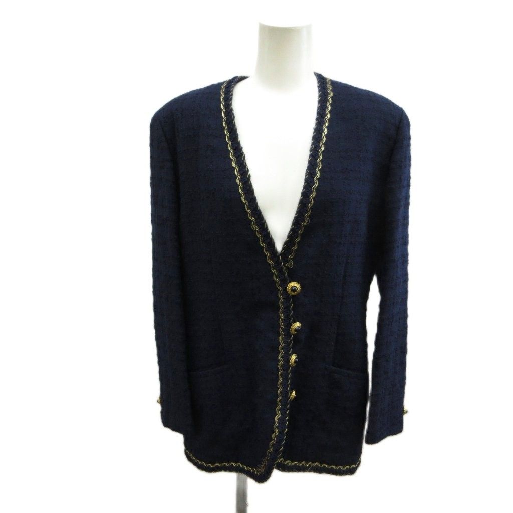 ピエール・バルマン PIERRE BALMAIN テーラードジャケット ウール 9 紺 ネイビー Vネック 長袖 金縁 /SH ■GY99