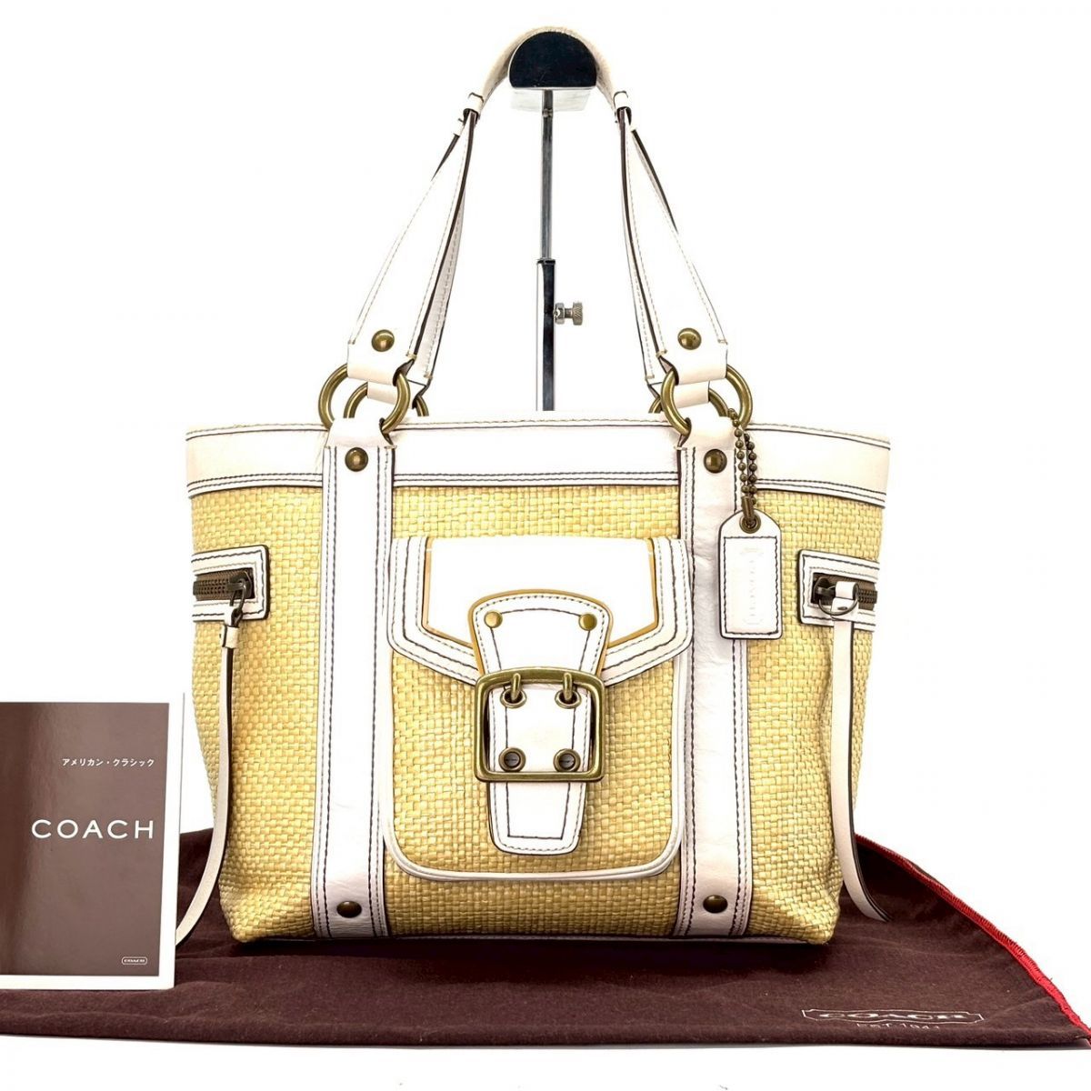 【陽だまりを纏う日】　COACH　かごバッグ レガシーストロートート ソーホー ラフィア レザー ワンショルダー　アイボリー ベージュ