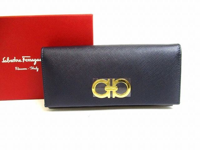 サルバトーレ フェラガモ Salvatore Ferragamo ガンチーニ レザー ゴールド金具 2つ折り 長財布 ロングウォレット メンズ レディース 【未使用保管品】