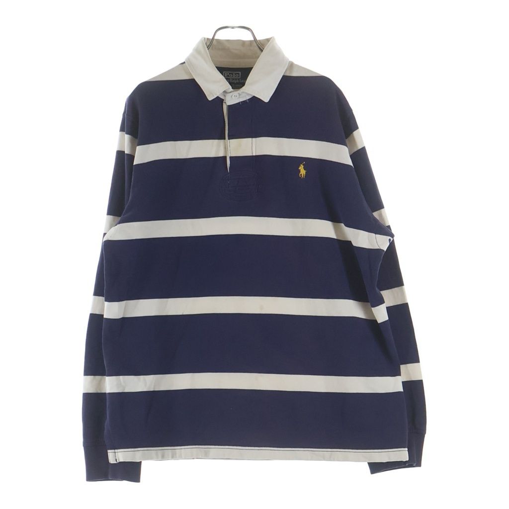 POLO RALPH LAUREN (ポロラルフローレン) 90s スモールポニー刺繍 長袖ラガーシャツ ホワイト/ネイビー