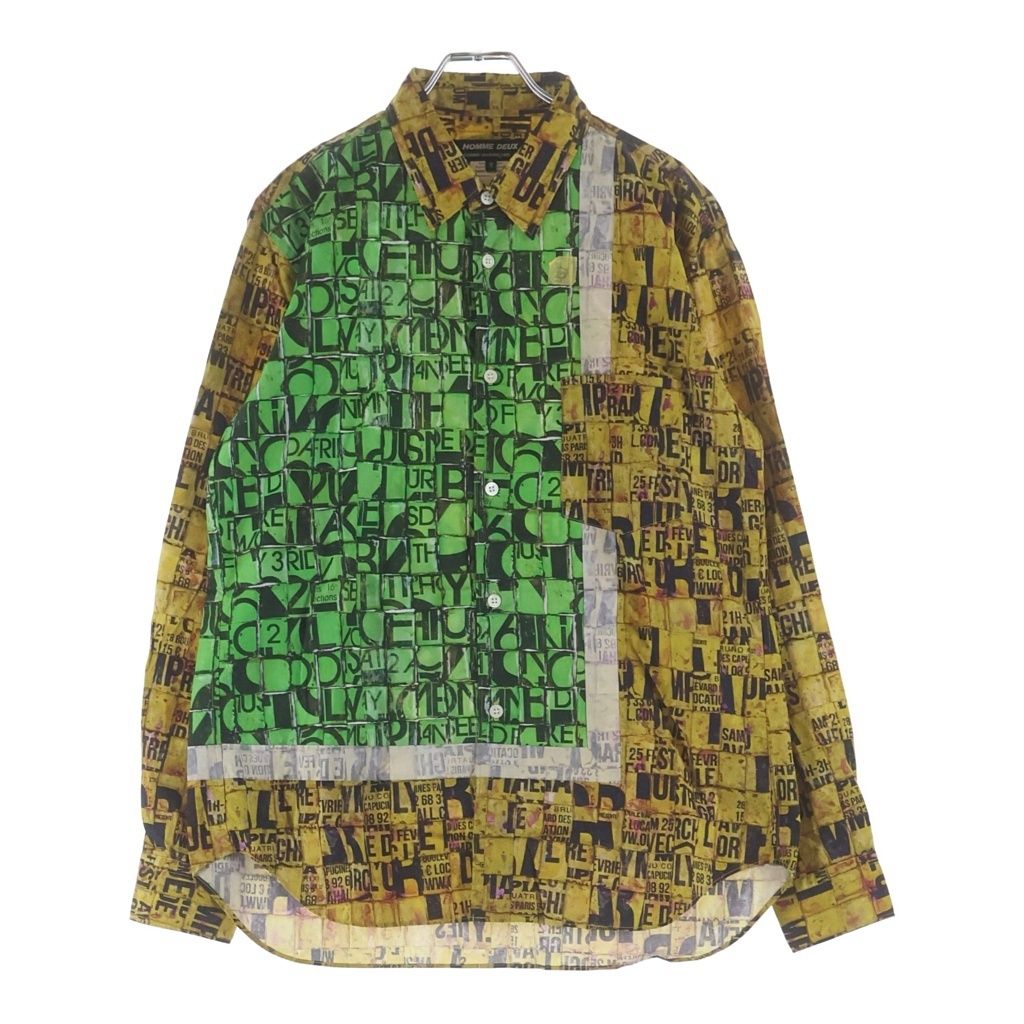 COMME des GARCONS HOMME DEUX (コムデギャルソン オムドゥ) 22AW AD2022 コラージュロゴ総柄 長袖コットンシャツ グリーン/イエロー DJ-B023