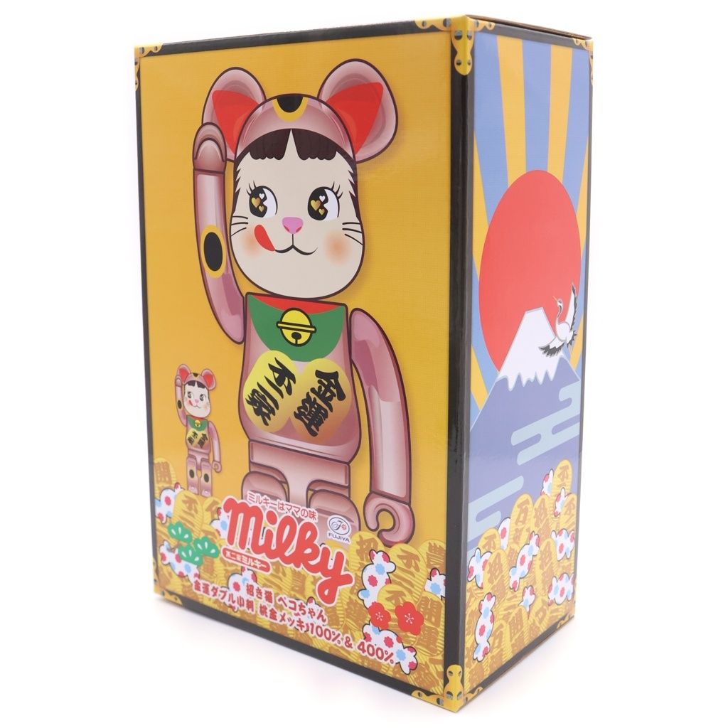 MEDICOM TOY (メディコムトイ) ×不二家 ペコちゃん 招き猫 金運ダブル小判 桃金メッキ 400%&100% フィギュア 人形 ピンクゴールド