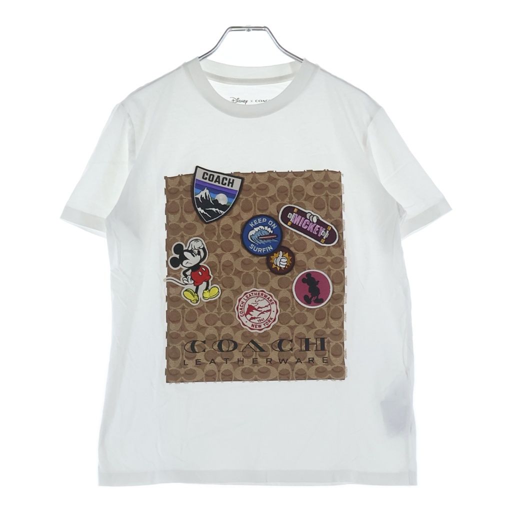 COACH (コーチ) ×DISNEY シグネチャーロゴ ワッペン クルーネック 半袖Tシャツ カットソー ホワイト 3233