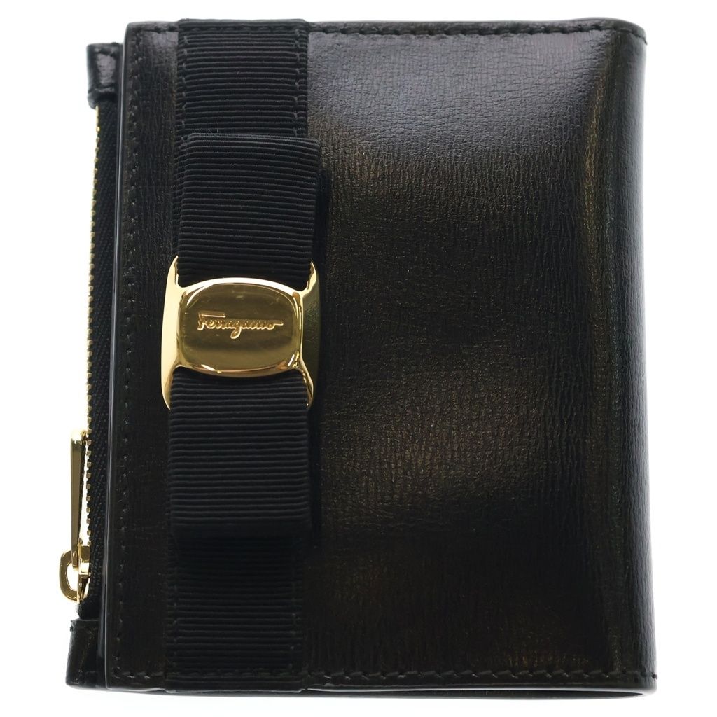 FERRAGAMO (フェラガモ) ヴァラリボン ロゴ レザー 二つ折り財布 ブラック レディース 24,420円