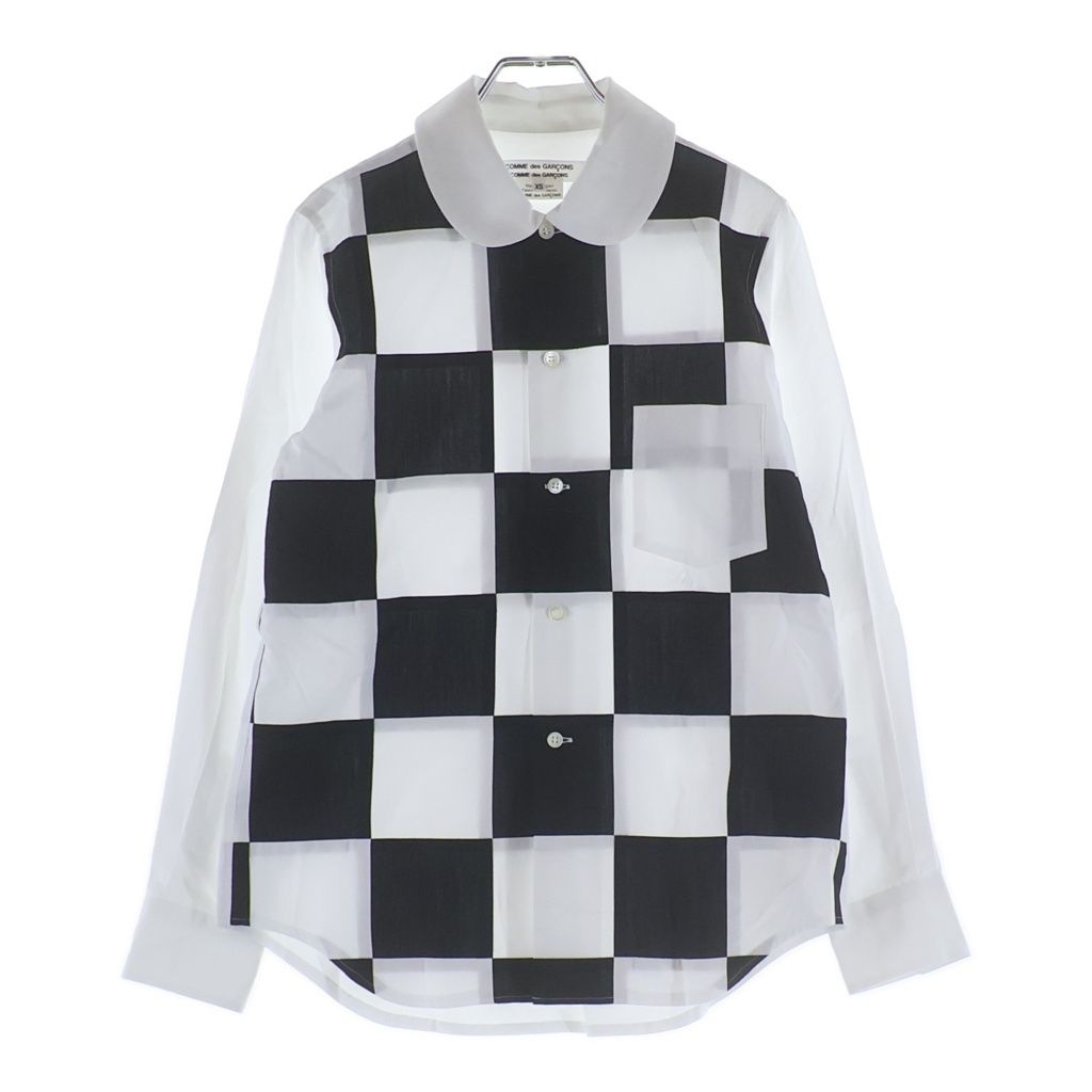 COMME des GARCONS COMME des GARCONS (コムデギャルソンコムデギャルソン) 25SS AD2024 フロントスクエアチェック柄 丸襟 長袖コットンシャツ ブラック/ホワイト RO-B007