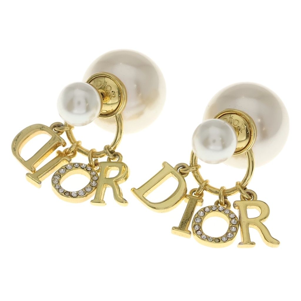 DIOR (ディオール) ロゴ フェイクパール ラインストーン トライバル ピアス ゴールド