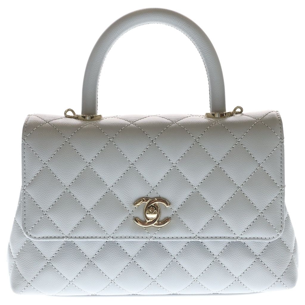 CHANEL (シャネル) マトラッセ ココハンドル24 2WAY ショルダー ハンドバッグ キャビアスキン レザー ゴールド金具 グレー プレート