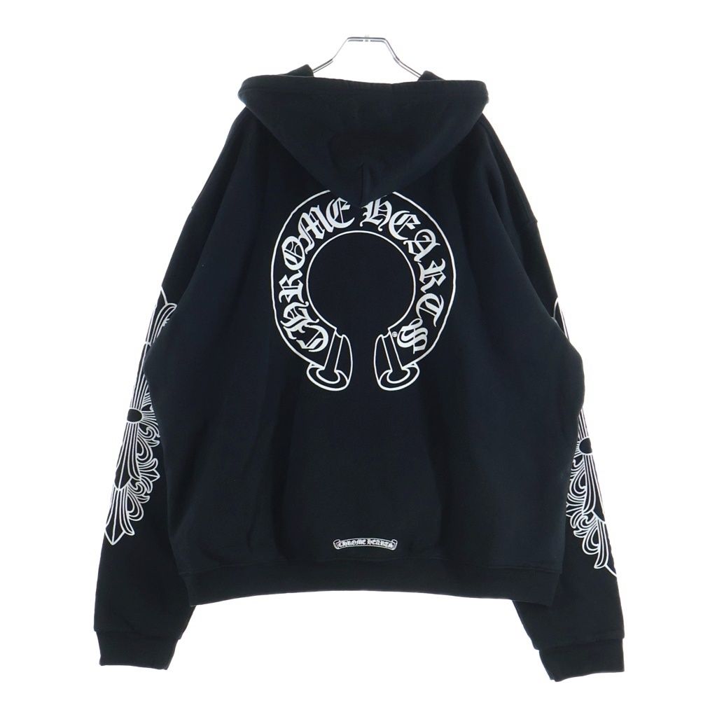 CHROME HEARTS (クロムハーツ) SWTSHRT HD ZIP 袖フローラル バックホースシュープリント 裏地サーマル ジップアップパーカー ブラック