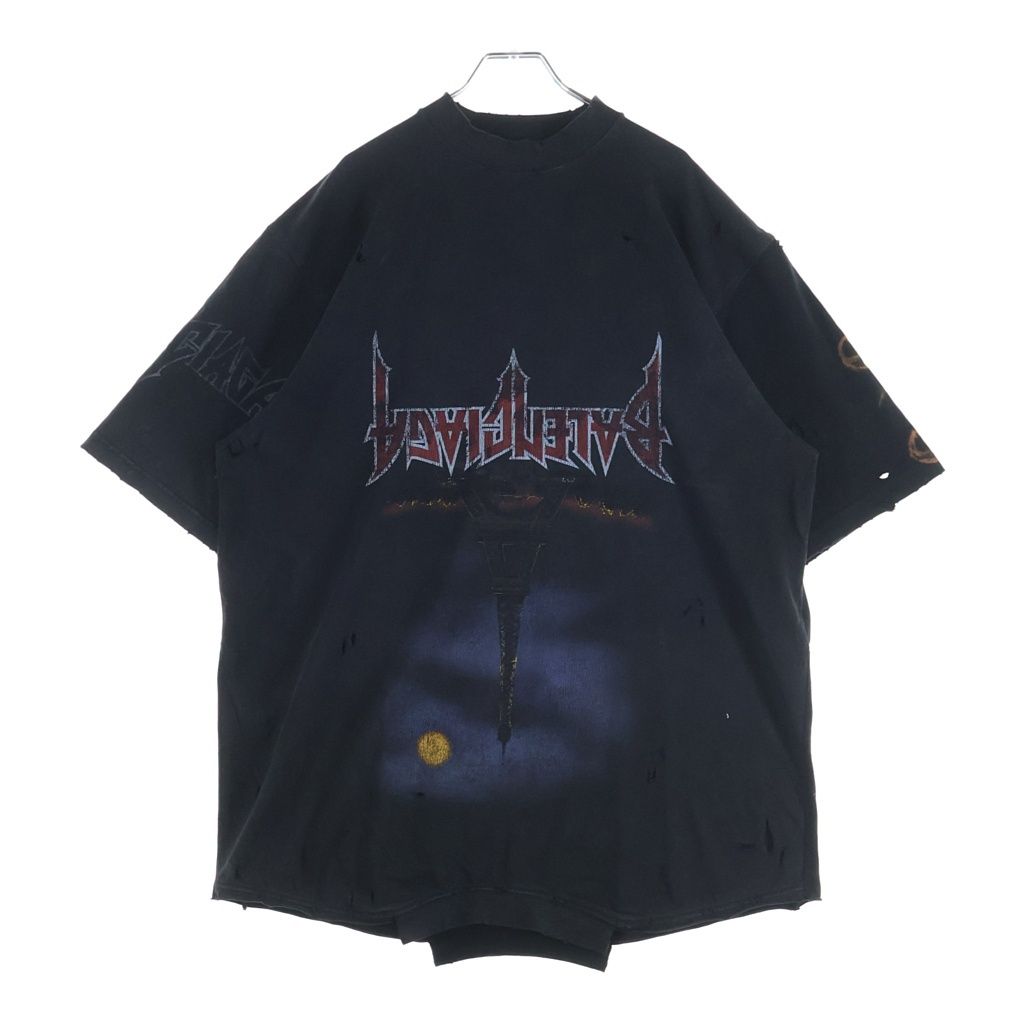 BALENCIAGA (バレンシアガ) 23SS Paris Moon Upside Down パリス ムーン アップサイドダウン デストロイ加工 プリントTシャツ 半袖カットソー 698811 ブラック