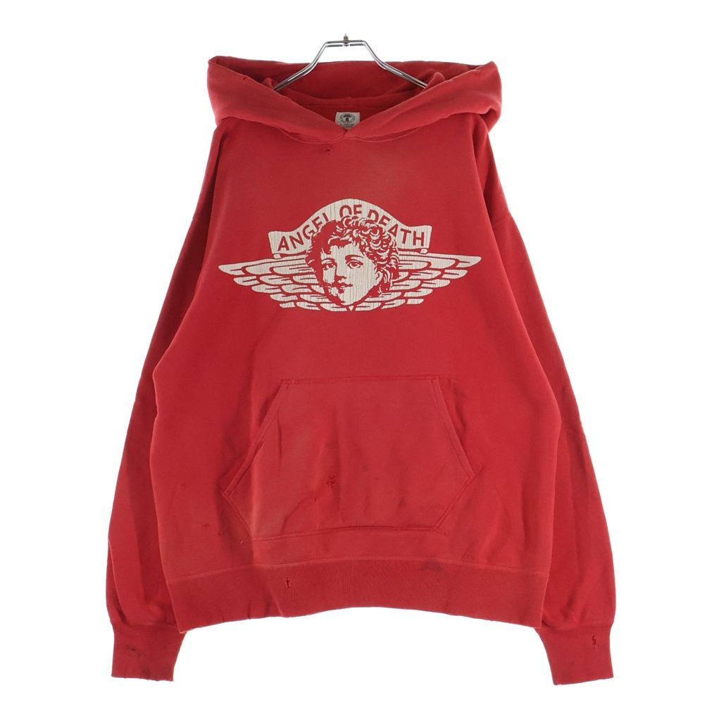 SAINT MICHAEL (セントマイケル) 22SS ANGEL HOODIE ヴィンテージ加工 エンジェルプリント プルオーバースウェットパーカー フーディー レッド SM-S22-0000-042