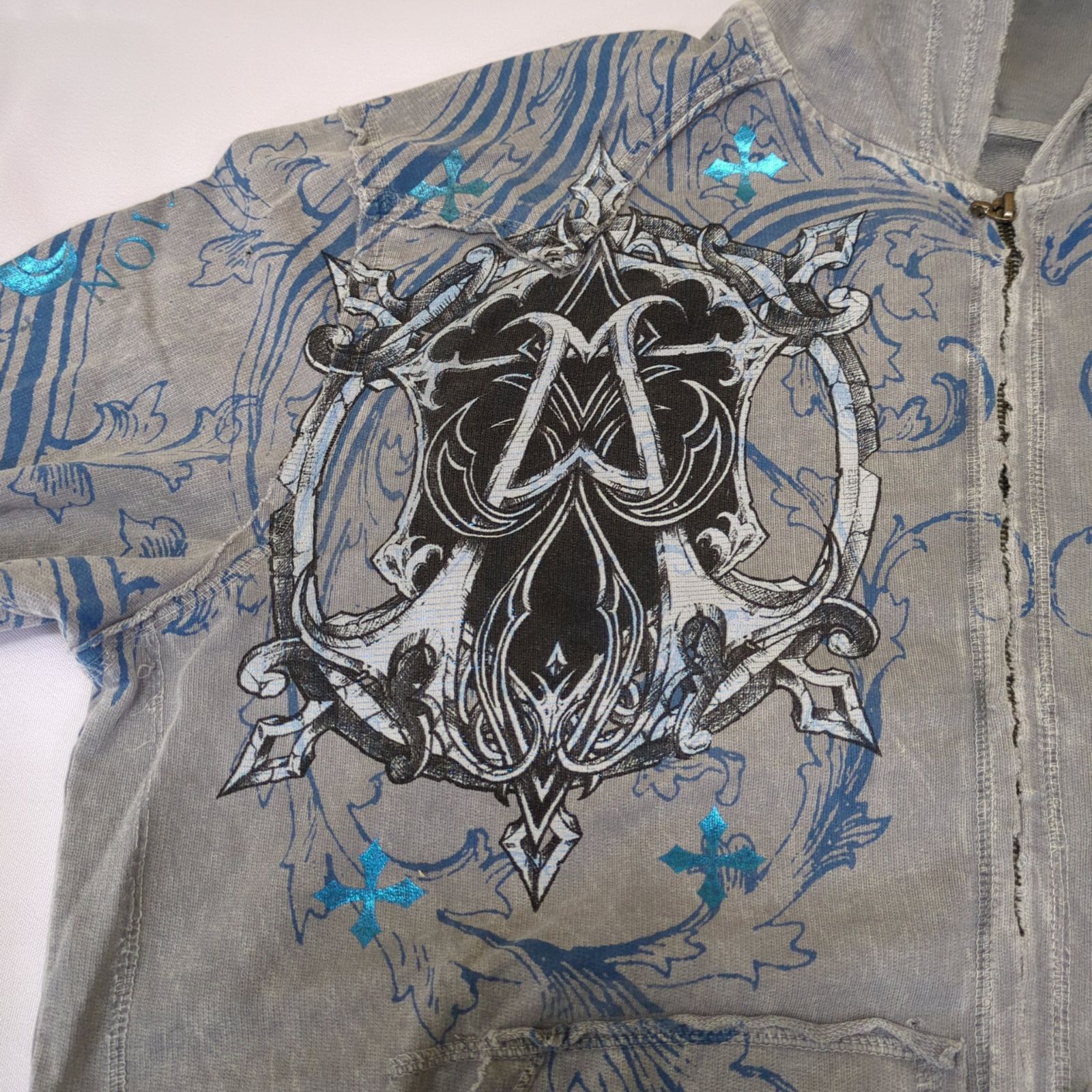 D44783】affliction ジップパーカーXL グレー Y2K グランジ ア