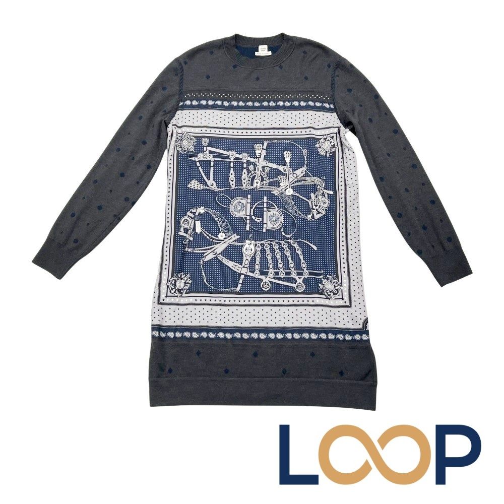 エルメス ■新同■ ニット ワンピース 服 ファッション レディース 宮廷の馬具 シルク カシミヤ グレー ネイビー #38 【673269】5