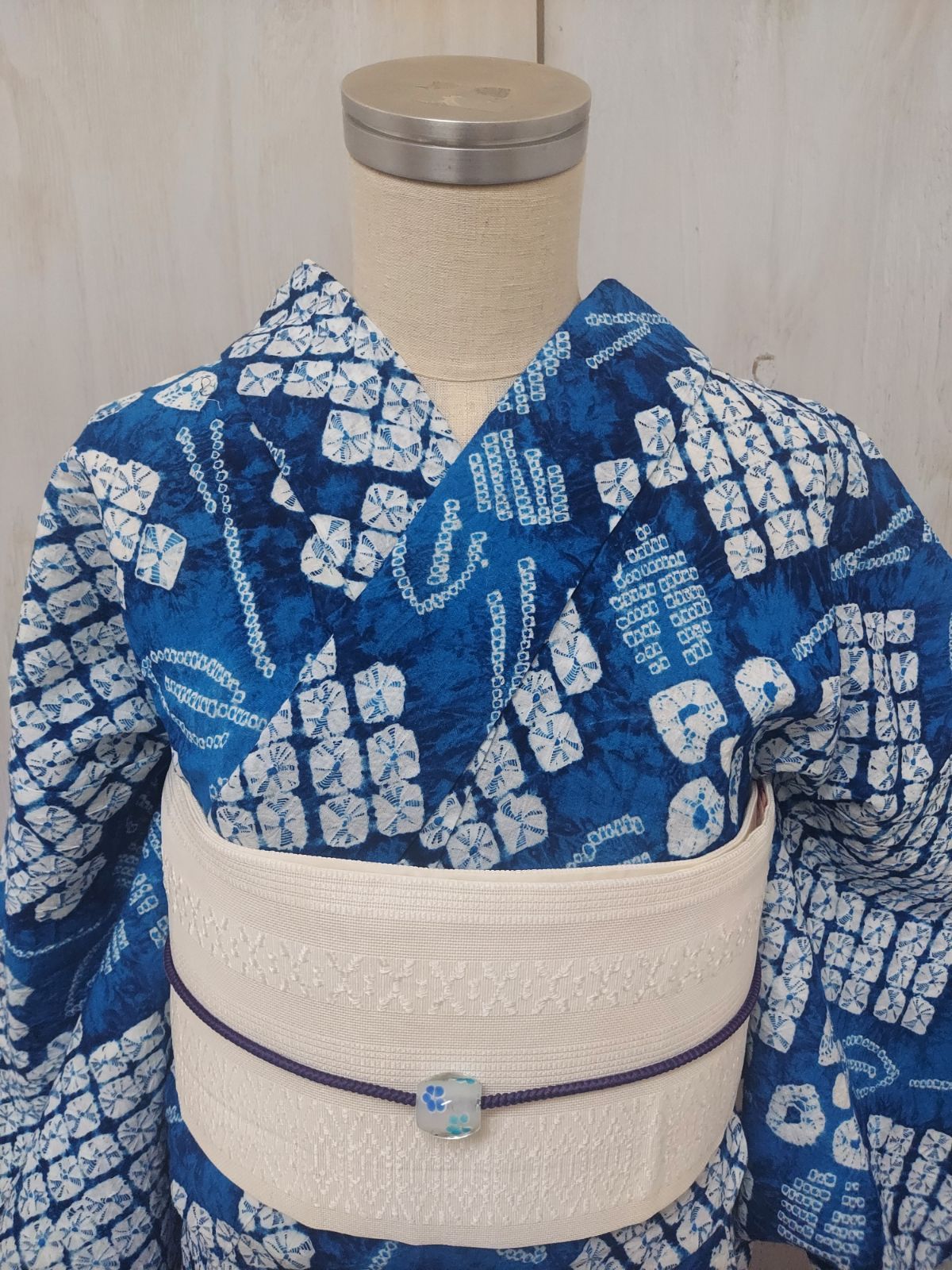浴衣 青 有松鳴海絞り 総絞り ミシン縫い＆手縫い 木綿製 着物 夏物 桁