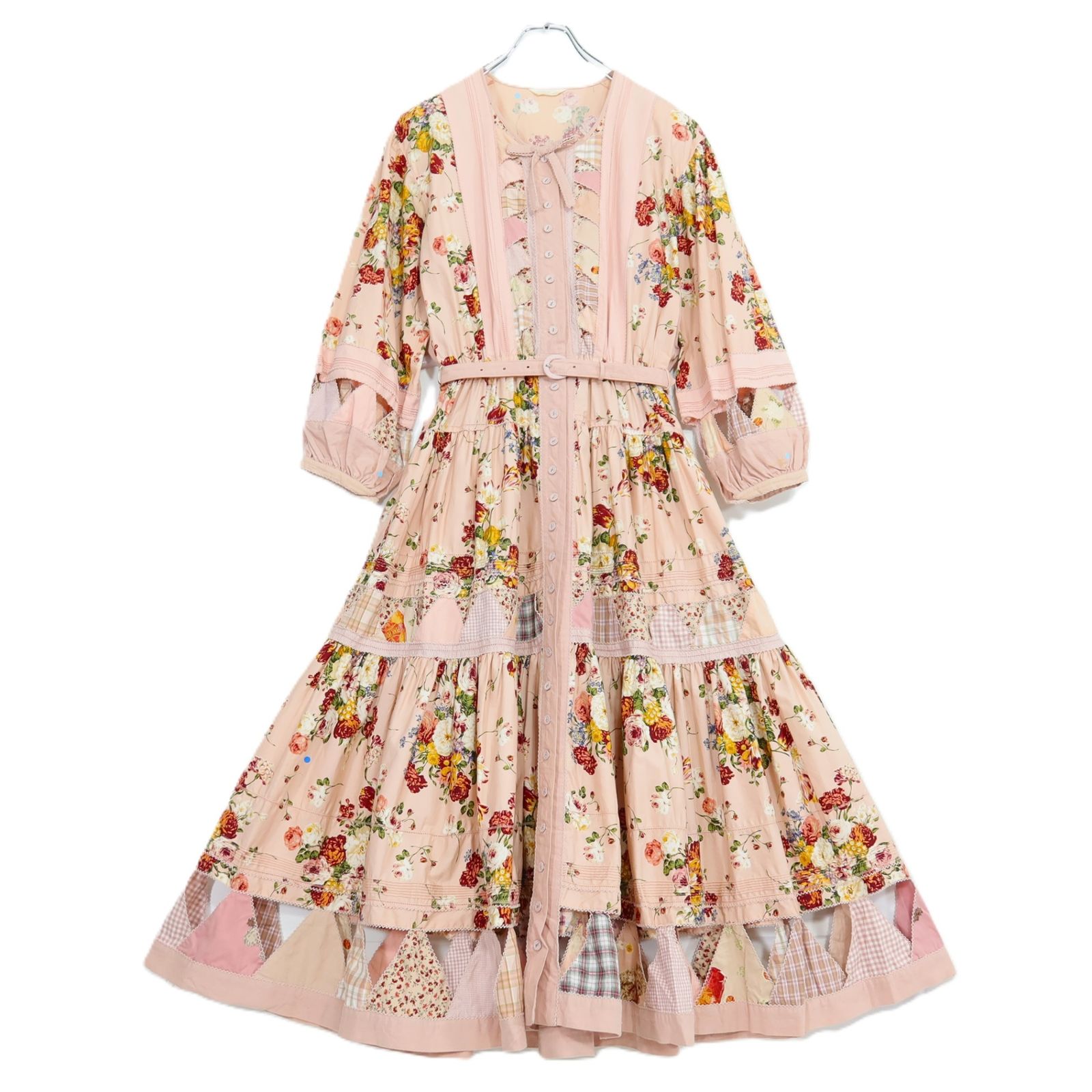 ピンクハウス★ゴージャスパッチワーク♪花柄ワンピース ピンク系 前開き オリチェ&ギンガム♪薄手 z21027