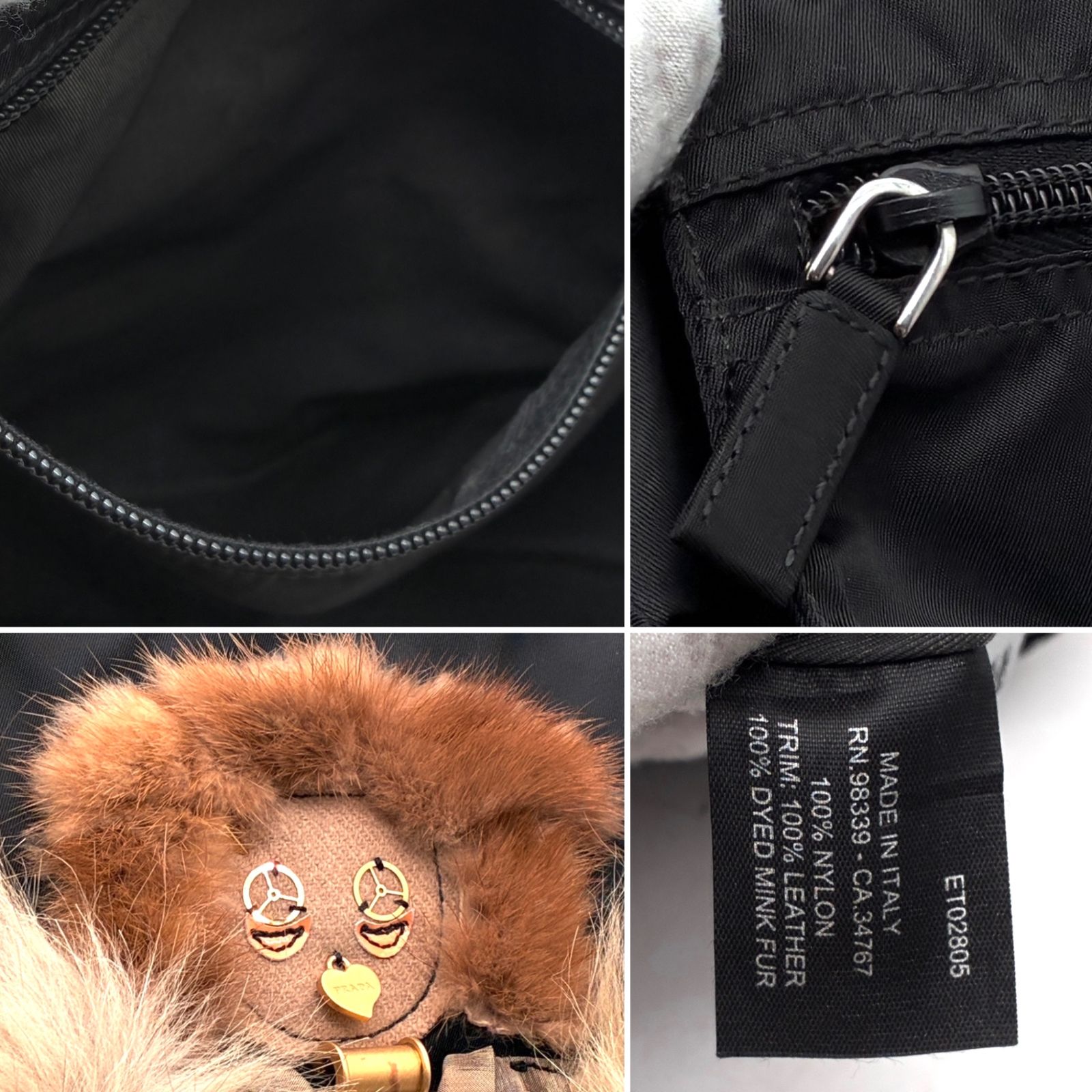 美品 プラダ PRADA トートバッグ ショルダーバッグ ロボット アートワーク 三角ロゴ プレート ミンクファー ブラック 黒 ナイロン テスート 白タグ 肩掛け A4収納 大容量 ボーナス 夏休み 夏コーデ ご褒美 旅行 サマーギフト
