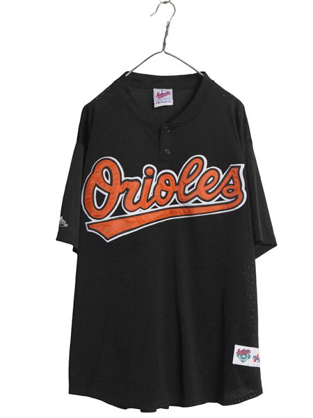 【お得なクーポン配布中!】 オリオールズ ベースボール シャツ メンズ XL 程 MLB オフィシャル マジェスティック プルオーバー 大リーグ 半袖シャツ メッシュ ブラック