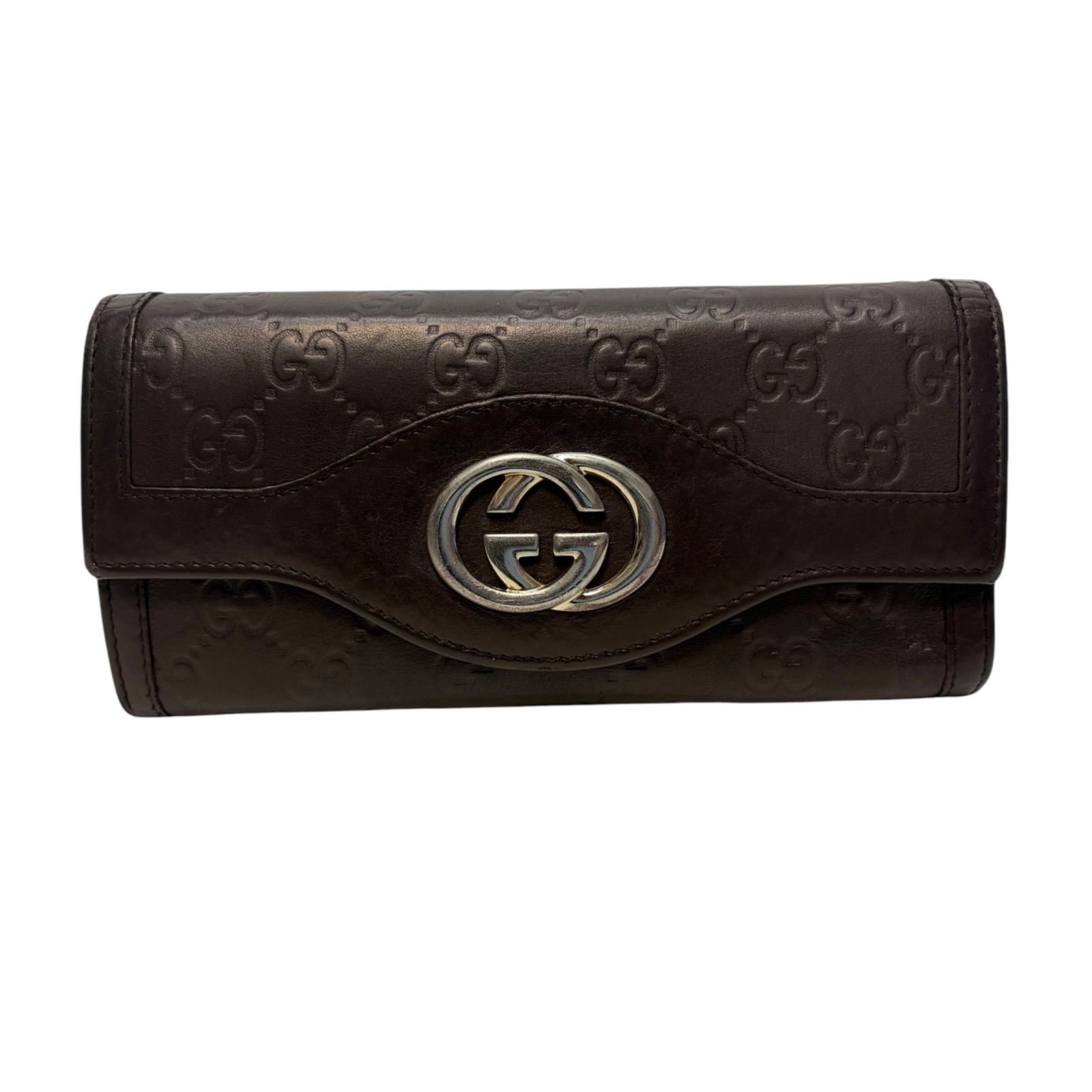 4532 GUCCI グッチ 長財布 ダークブラウン シマレザー インターロッキング フラップ コンチネンタル