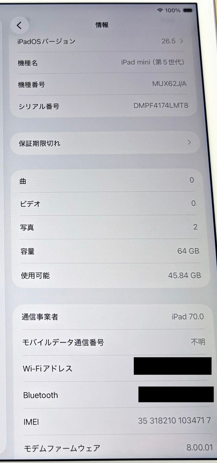 iPad mini5 64GB MUX62J/A バッテリー96% シルバー Wi-Fi+Cellular