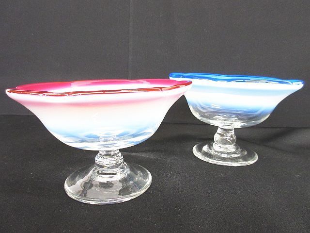 氷カップ ２点セット かき氷カップ 赤 青 乳白色 グラス ガラス 昭和レトロ R003-0612-51