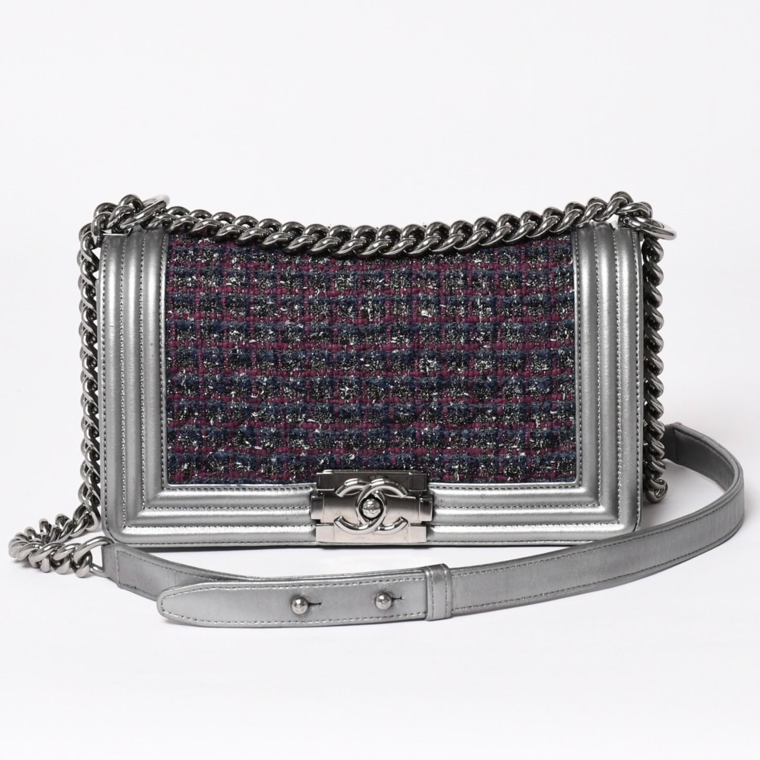 極美品 CHANEL シャネル ボーイシャネル チェーンショルダーバッグ 20番台 ツイード レザー シルバー金具 中古 4a003664