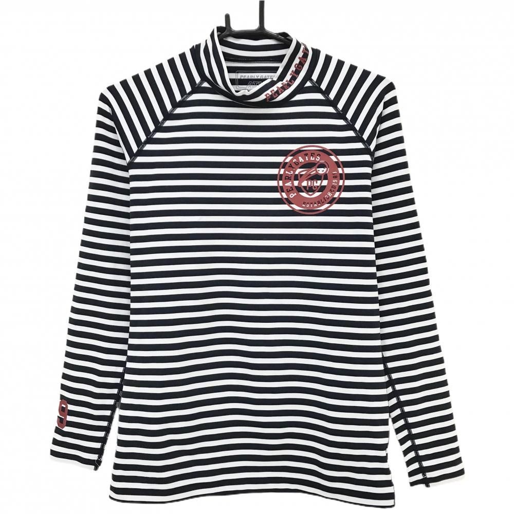 パーリーゲイツ インナーシャツ 白×ダークネイビー ボーダー Uネック 袖ロゴ レディース 0(S) ゴルフウェア PEARLY GATES PEARLY パーリーゲイツ GATES ネイビー Vネック 白×黒