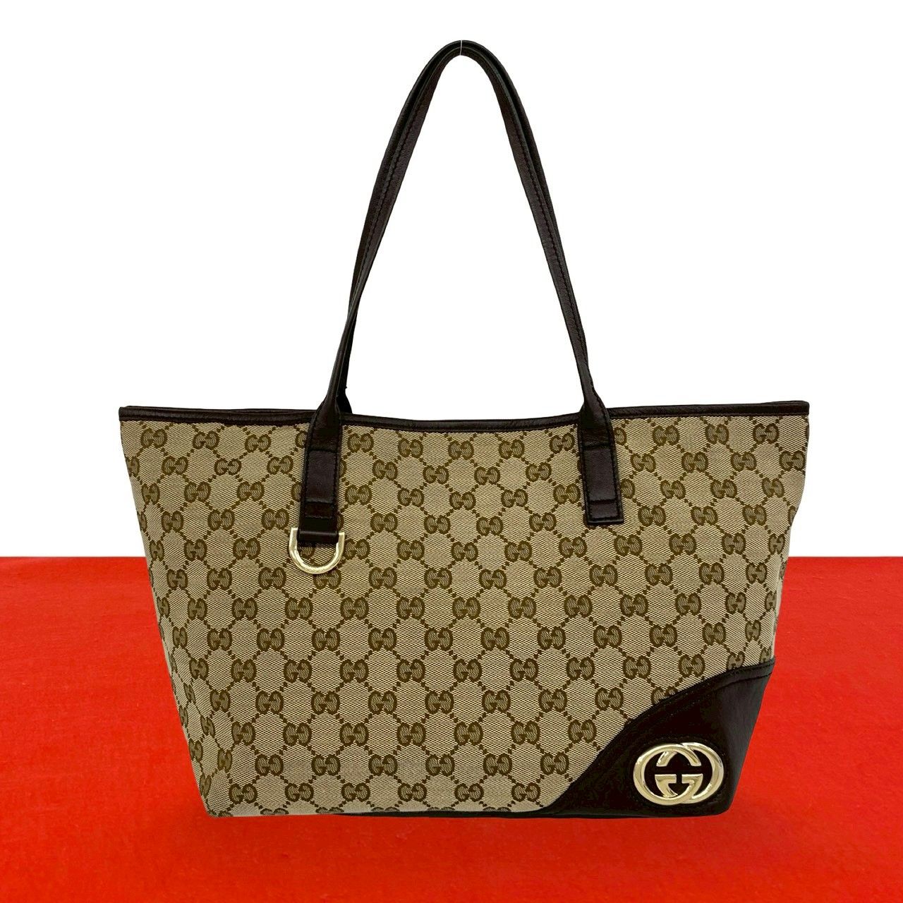 GUCCI ブラウン ロゴパターン ハンドバッグ 極 美品 GUCCI グッチ GG キャンバス ロゴ 金具 キャンバス レザー 本