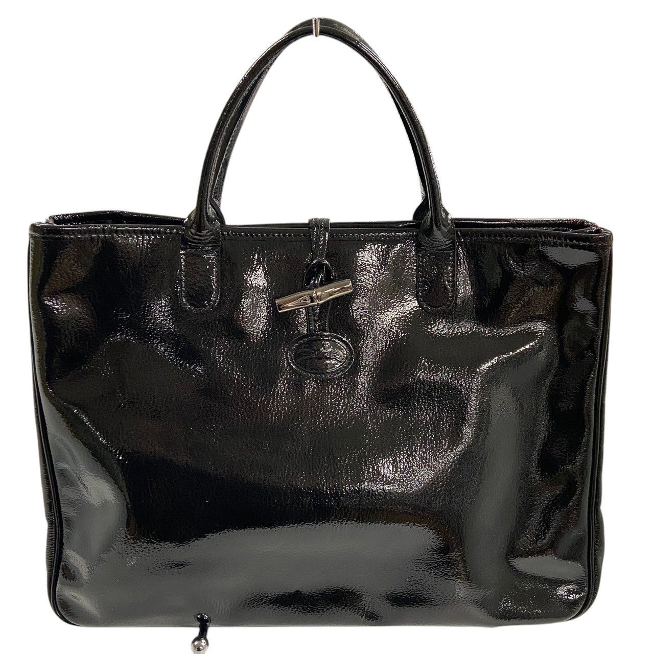 LONGCHAMP/ロンシャン トートバッグ ハンドバッグ パテントレザー ブラック 黒 ロゾ エナメル加工 バンブー シル