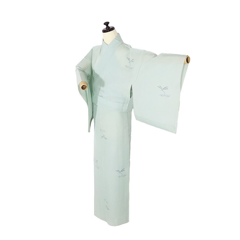 紗紬 正絹 薄緑 トンボ Mサイズ ki32296 美品 夏着物 盛夏 レディース