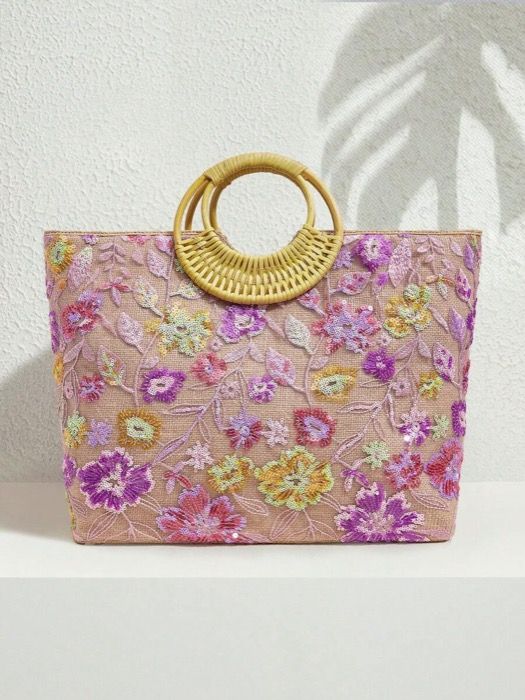 バッグ レディース トートバッグ レディース トートバッグ、トップハンドルバッグ、シーケンスフローラル刺繍、木製ハンドル、ファッショナブル、エレガント、シンプル、パーソナライズ、多用途、ビーチ、バケーション、ホリデー、夏、シーサイド、ビーチパーティー(ラ