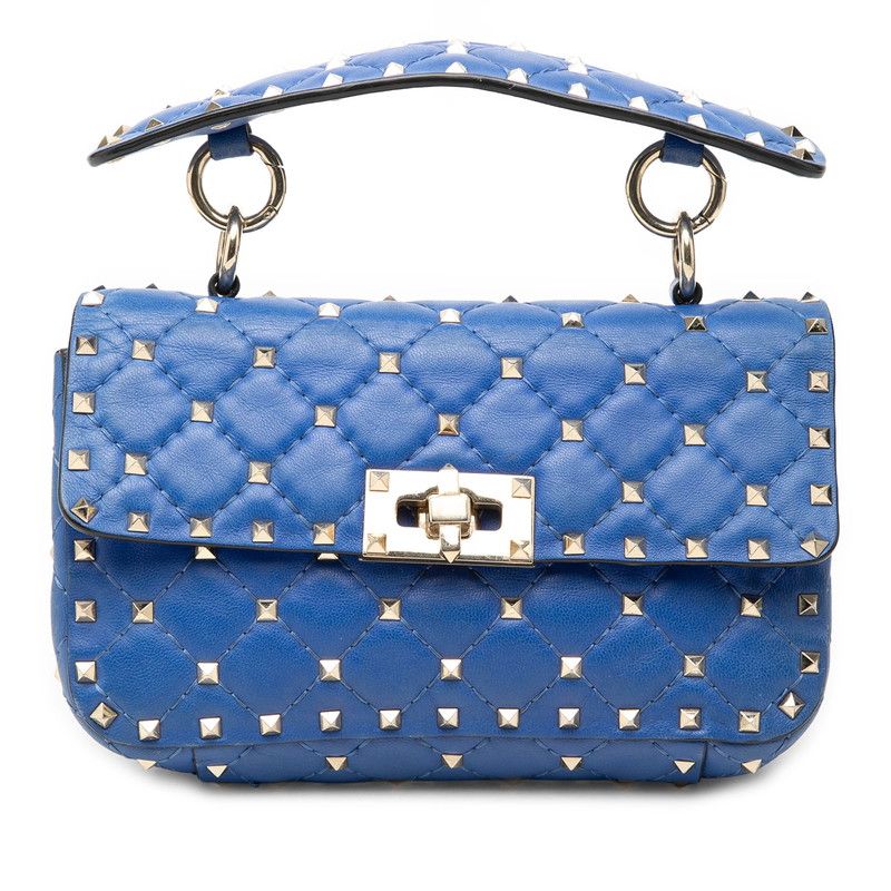 ヴァレンティノ ロックスタッズ スパイク チェーン ハンドバッグ ポーチ ブルー レザー レディース VALENTINO【1-0269461】
