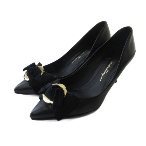 サルヴァトーレフェラガモ Salvatore Ferragamo パンプス シューズ リボン レザー ポインテッドトゥー 黒 ブラック 6C 23.5cm