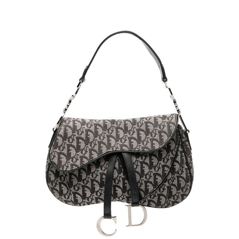 ディオール トロッター サドル ハンドバッグ ワンショルダー ブラック グレー キャンバス レザー レディース Dior【1-0270864】