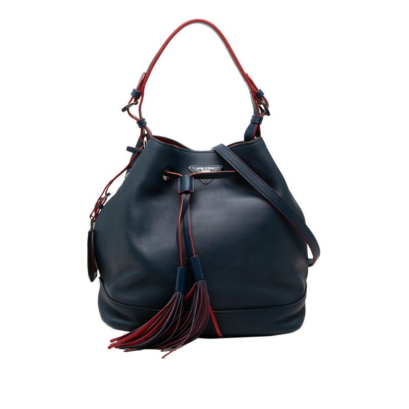 プラダ 三角ロゴプレート ハンドバッグ ショルダーバッグ 2WAY ネイビー レッド レザー レディース PRADA【1-0270895】