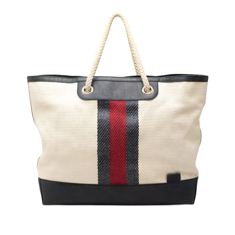 グッチ シェリーライン トートバッグ 281910 ネイビー アイボリー キャンバス レザー レディース GUCCI【1-0271139】
