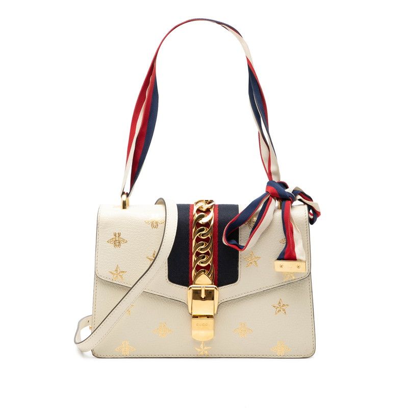 グッチ シルヴィ ビー＆スター シェリーライン ショルダーバッグ 524405 アイボリー系 ゴールド レザー レディース GUCCI【1-0271141】