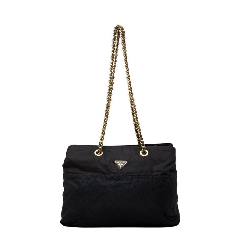 プラダ 三角ロゴプレート テスート キルティング チェーン ショルダー トートバッグ ネイビー ナイロン レディース PRADA【1-0273103】
