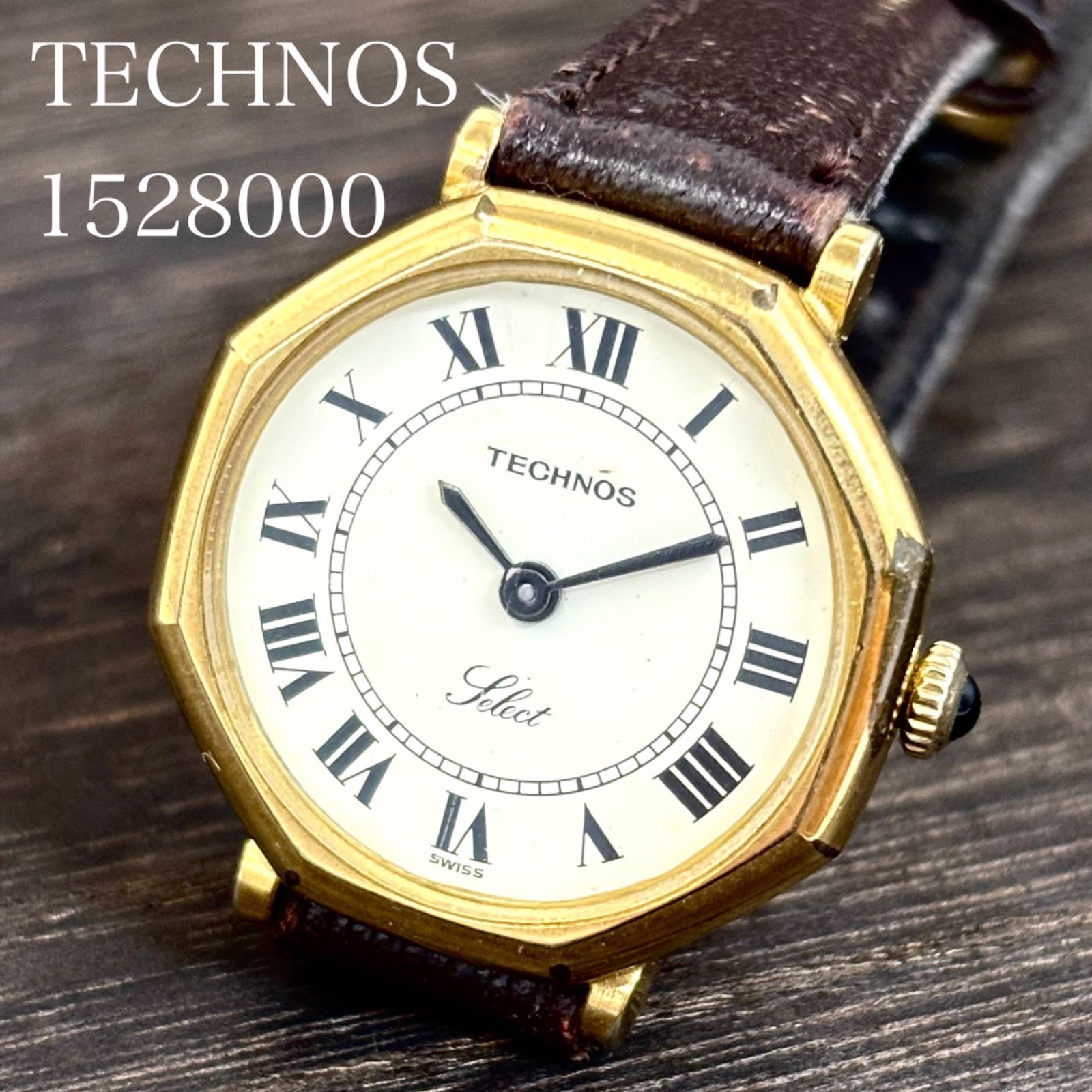 【稼働/希少】TECHNOS/テクノス SELECT/セレクト 腕時計 手巻き オクタゴン ローマンインデックス ゴールド レディース vintage