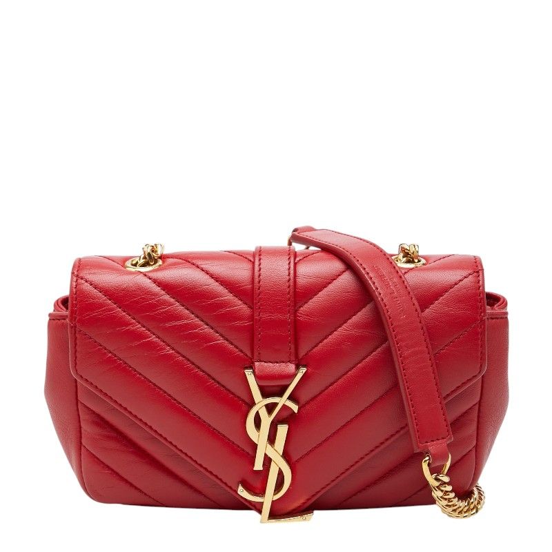 サンローラン YSLロゴ ベイビーチャイ 斜めかけ チェーン ショルダーバッグ レッド ゴールド レザー レディース SAINT LAURENT【1-0275180】