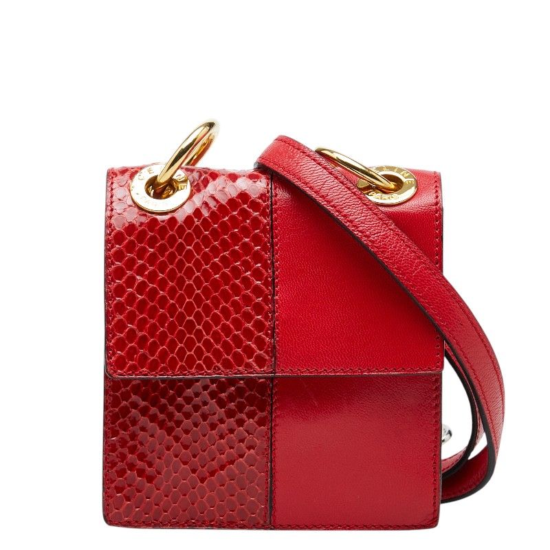 セリーヌ ロゴ 斜めかけ チェーン ショルダーバッグ レッド パイソン レザー レディース CELINE【1-0275182】