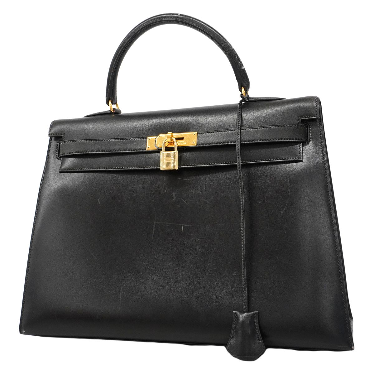 【6fa1805】エルメス ハンドバッグ ケリー35 ボックスカーフ ブラック ゴールド金具 □A刻印【中古】レディース