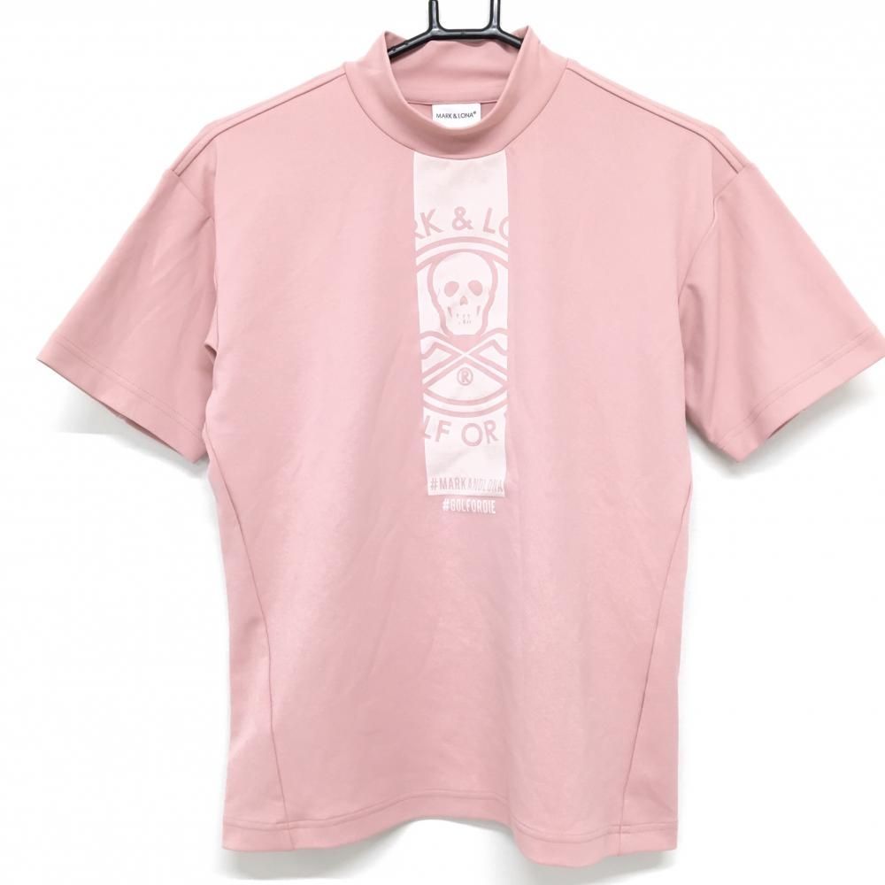 【超美品】マークアンドロナ 半袖ハイネックシャツ ピンク フロントスカル レディース 42(XL) ゴルフウェア MARK＆LONA