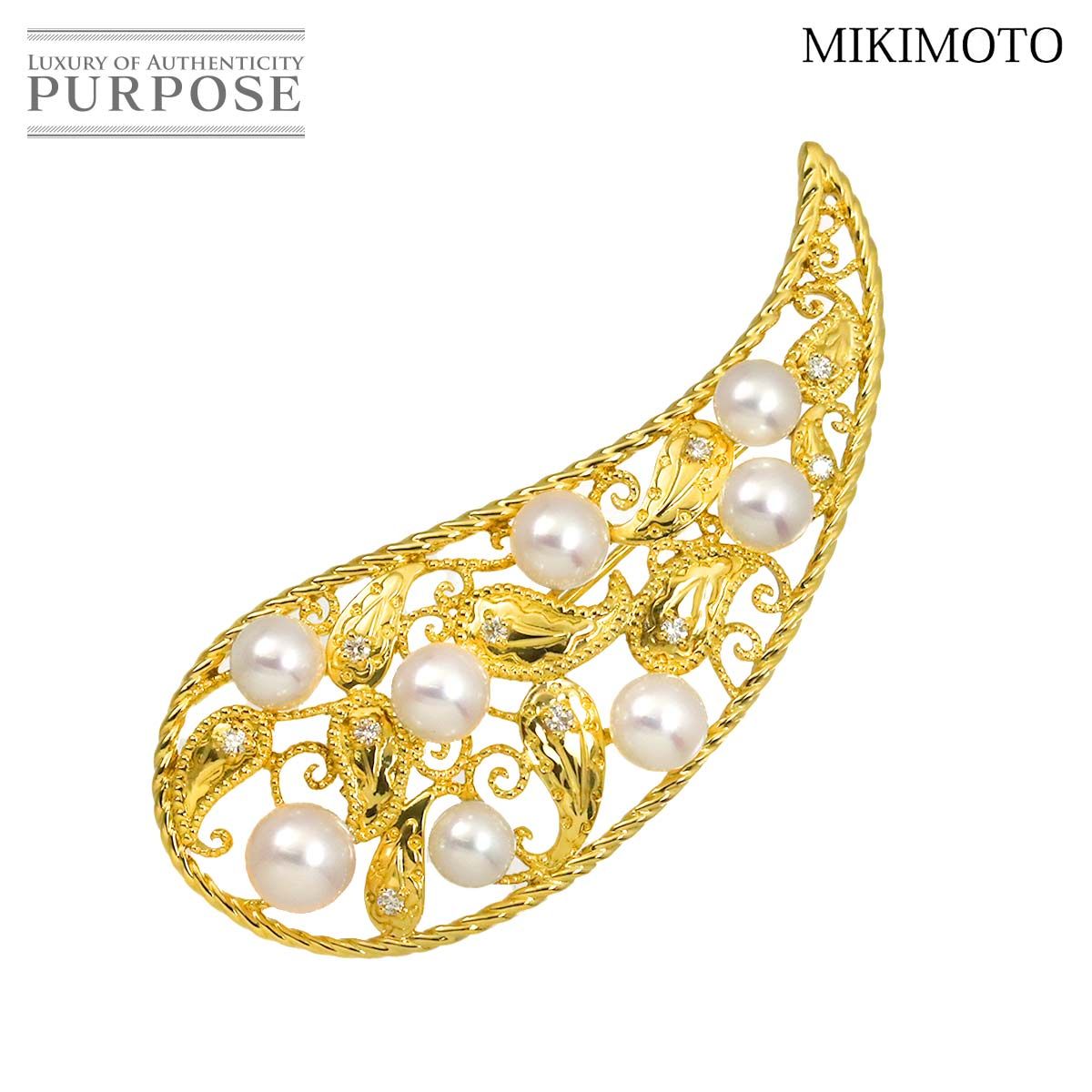ミキモト MIKIMOTO アコヤ真珠 7.4-5.8mm ダイヤ ブローチ K18 YG イエローゴールド 750 パール Pearl Brooch 90319510