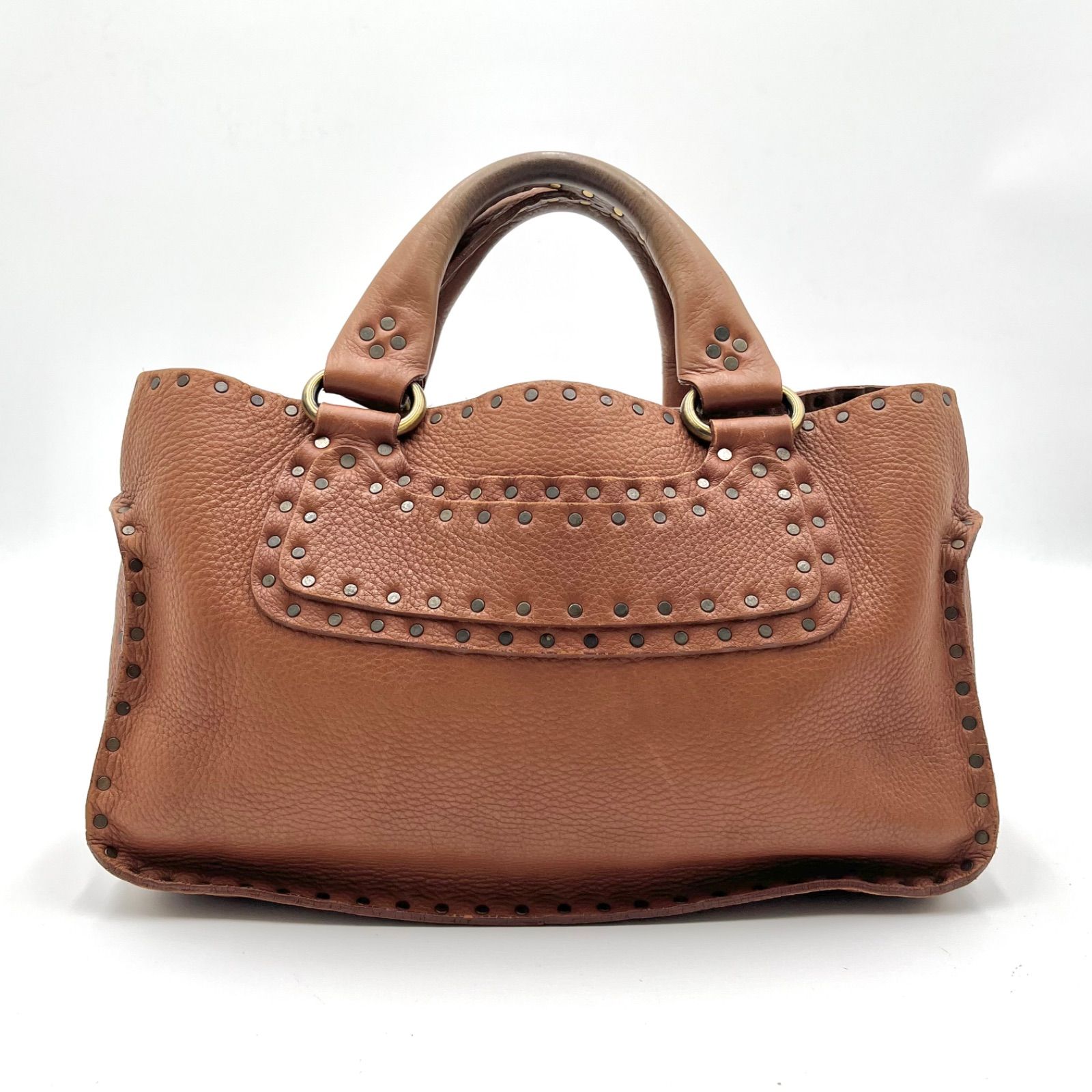 Auth Celine Boogie Bag Y2K Studded Leather Handbag Brown