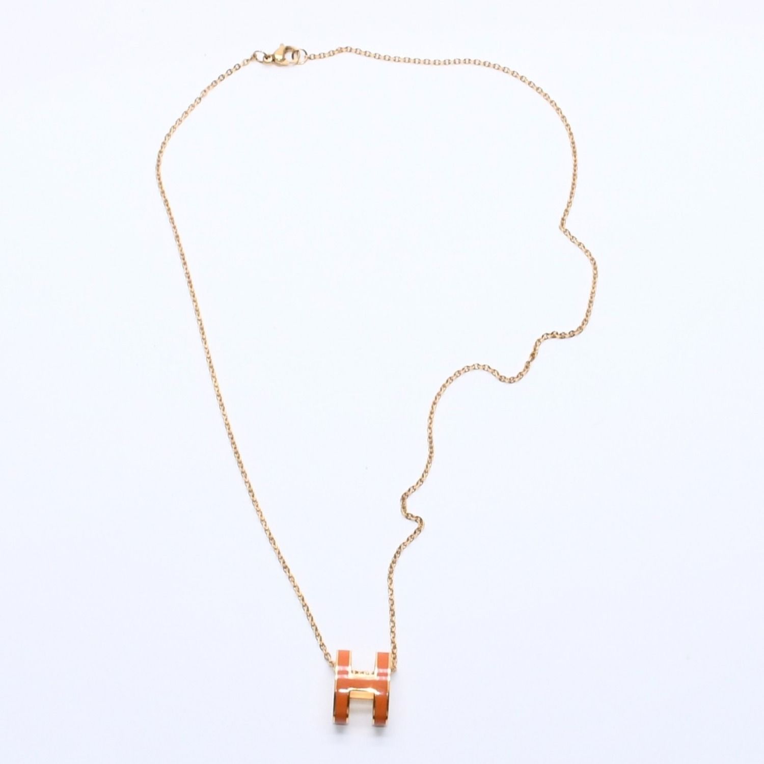 極美品 HERMES エルメス ポップ H ネックレス アクセサリー オレンジラッカー オバールフォルム 真鍮 ゴールド金具 ペンダント 中古 4a003646