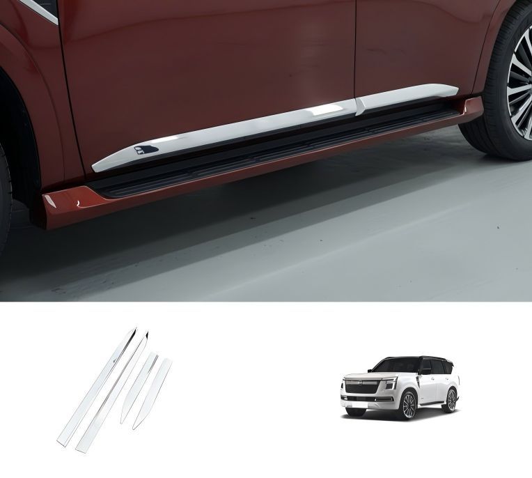 日産 Nissan パトロール Patrol Y63 アルマーダ Armada 2025-2026年式対応 ドアサイドモール ボディサイドガーニッシュ 4点セット ステンレス製 メッキミラー仕上げ 両面テープ式 ドアまわりの保護と光沢感を高める外装アクセサリー