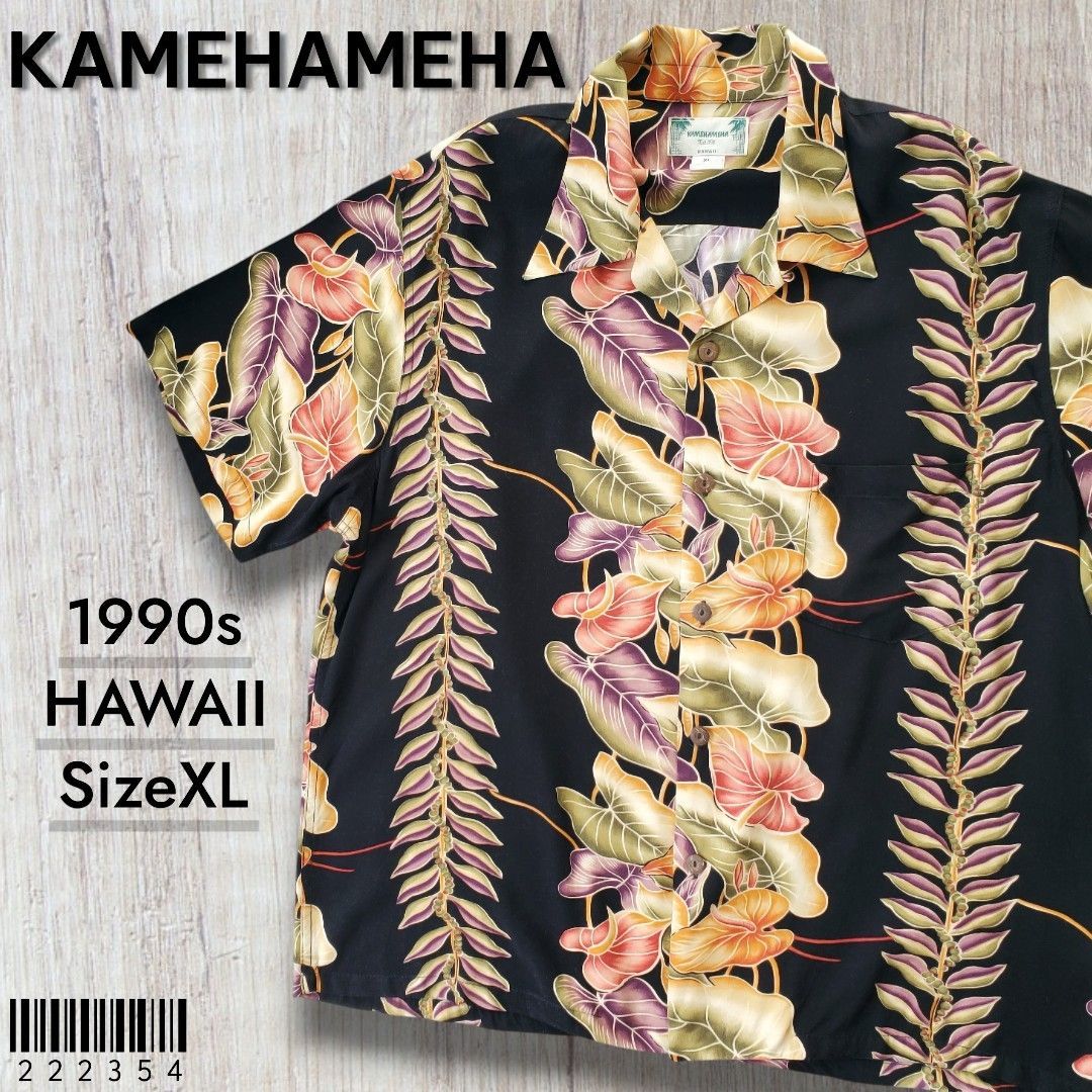 KAMEHAMEHAカメハメハ■良品 1990s vintage 米国 ハワイ製 アンスリウム×マイレ ボーダー柄 レーヨン 半袖 アロハシャツ XL 黒 1940s 名作復刻 オーバーサイズ とろみ ドレープ ボタニカル柄 WACKOMARIA好きにおすすめ