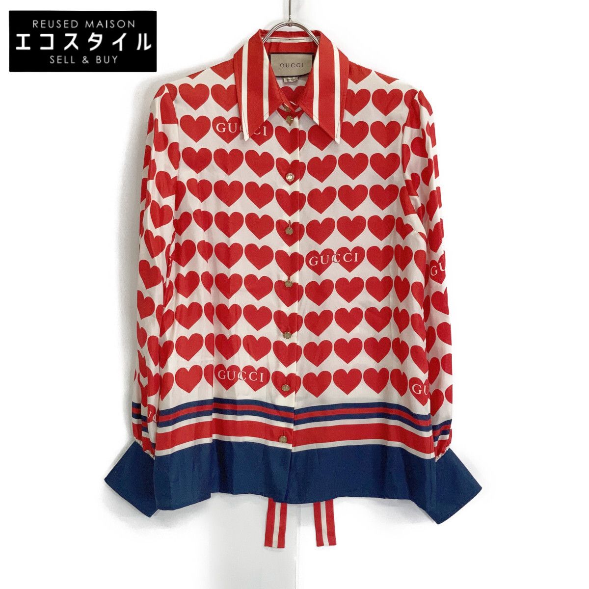 GUCCI　グッチ　アイボリー×レッド 686549 シルク ハート ボウタイシャツ　40