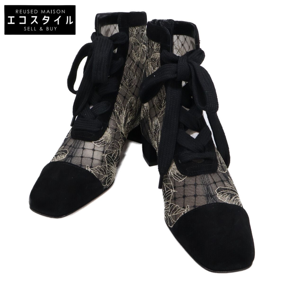 DIOR　ディオール　【新品同様/23AW】Naughtily-D スエードｘエンブロイダリーメッシュ バタフライ レースアップ ヒールショートブーツ　35