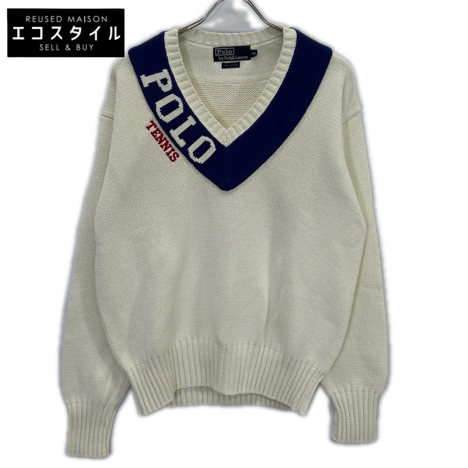 POLO RALPH LAUREN　ポロ ラルフローレン　ホワイト×ブルー Vネック テニス ニット　95